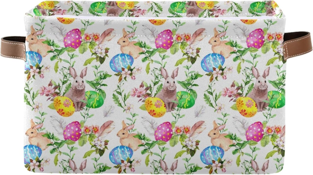 Easter Basket Storage, Box with Handles Easter Bunny Eggs in Grass Flowers Fabric Collapsible Storage Bins